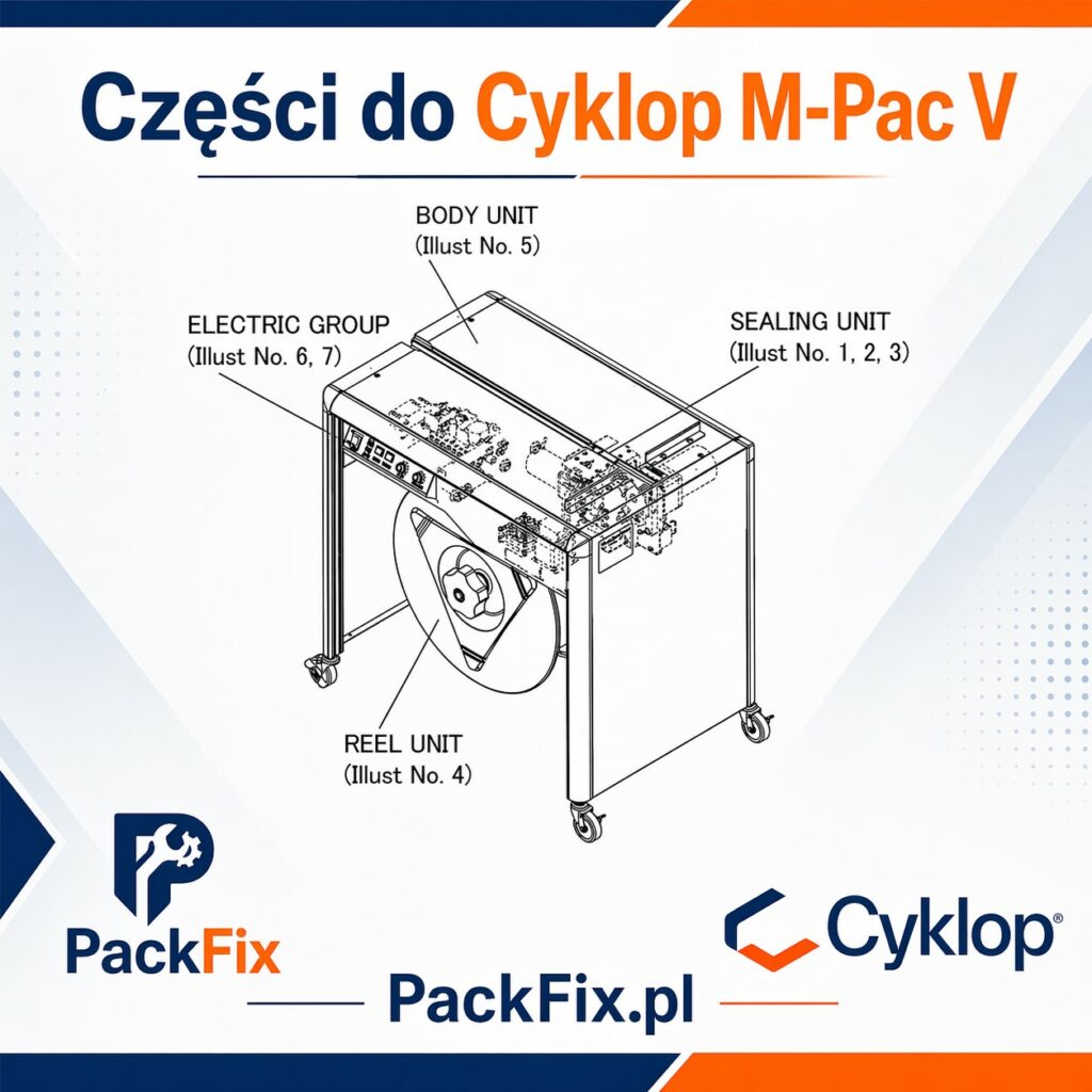 Części zamienne i serwis do wiązarki Cyklop M-Pac 5 / M-Pac V. Grzałki, noże, rolki, prowadnice, silniki, bezpieczniki, płyty sterujące i części zespołu szpuli. Pomoc w identyfikacji części po zdjęciu i numerze maszyny.